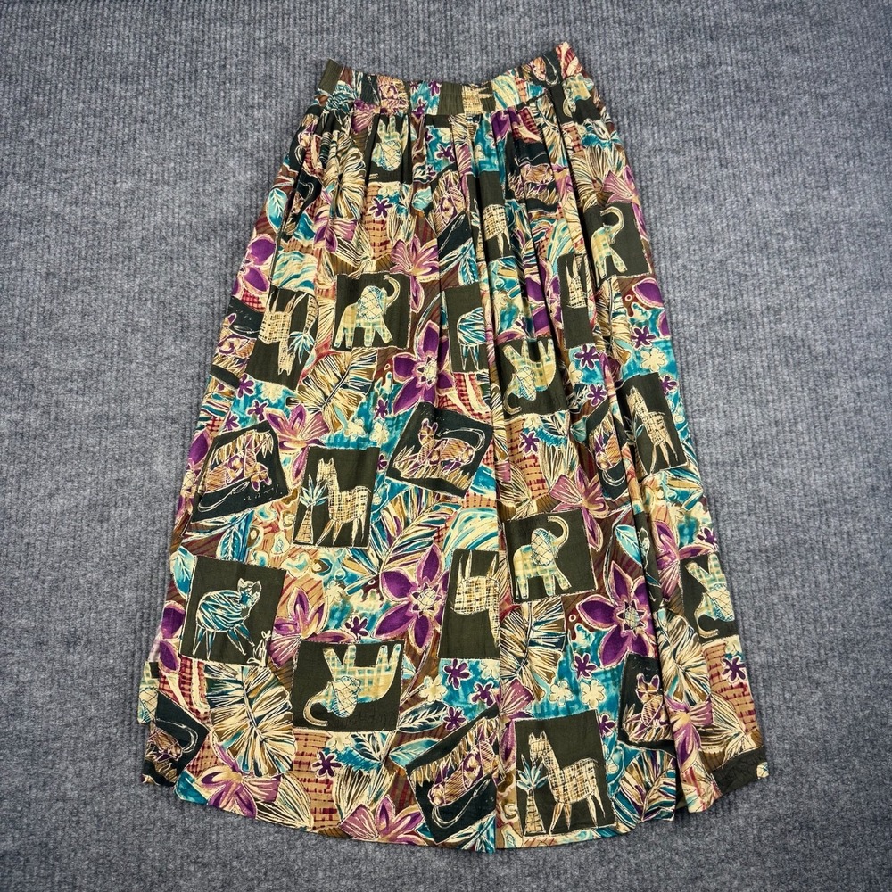 Vtg Midi Skirt Womens S Colorful Rayon Safari Animal Print Elastic Waist Pockets